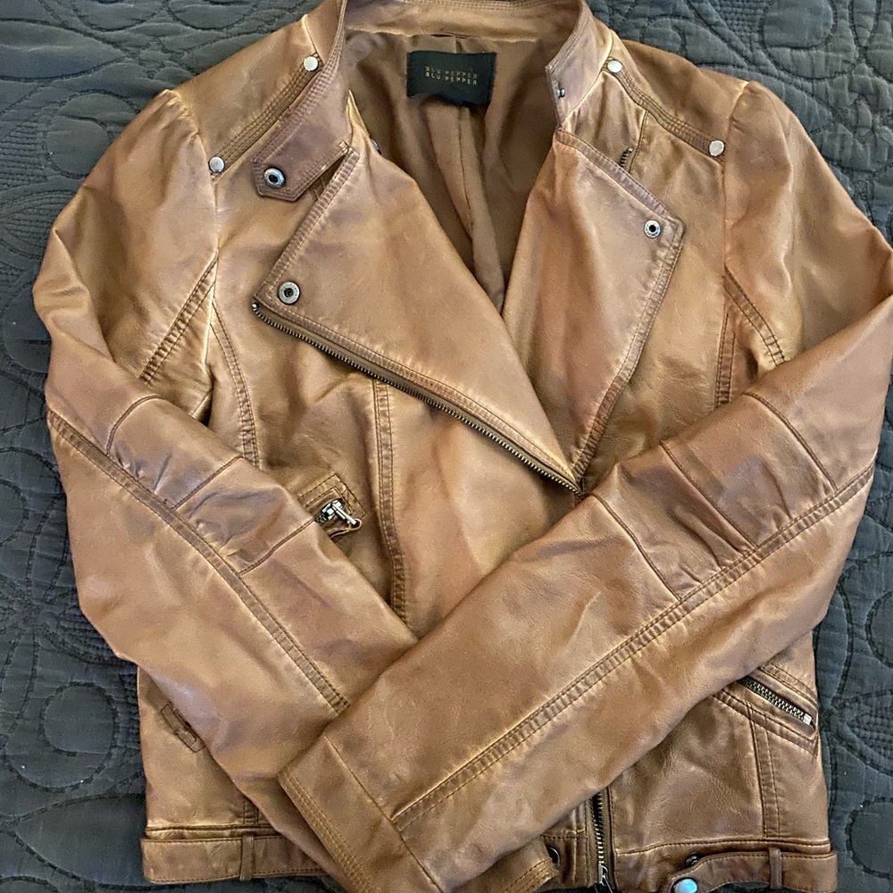 Blue Pepper Brown Faux Leather Bomber Jacket M